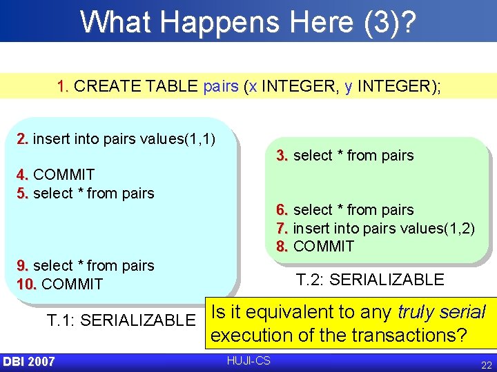 What Happens Here (3)? 1. CREATE TABLE pairs (x INTEGER, y INTEGER); 2. insert