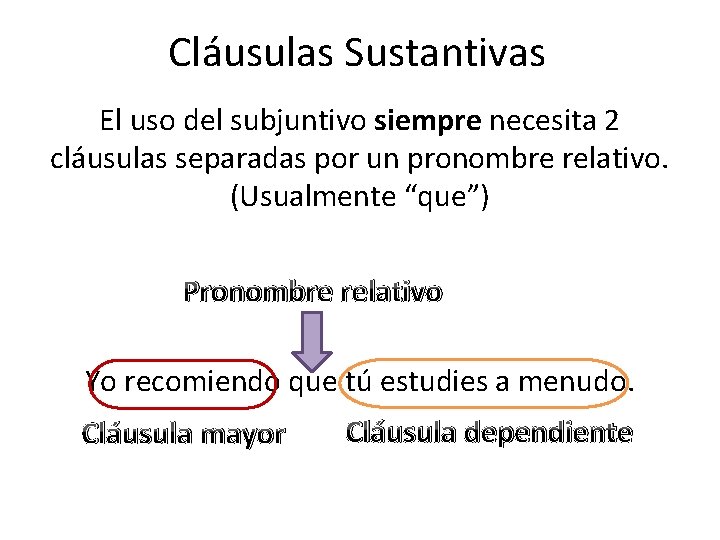 Cláusulas Sustantivas El uso del subjuntivo siempre necesita 2 cláusulas separadas por un pronombre