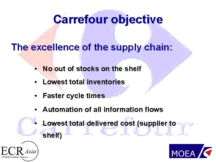 Carrefour objective The excellence of the supply chain: • No out of stocks on