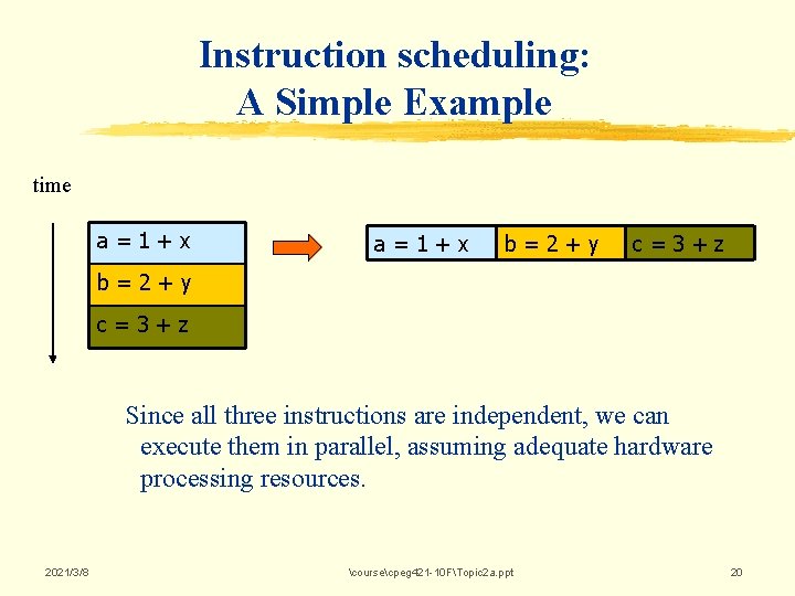 Instruction scheduling: A Simple Example time a=1+x b=2+y c=3+z Since all three instructions are Instruction scheduling: A Simple Example time a=1+x b=2+y c=3+z Since all three instructions are