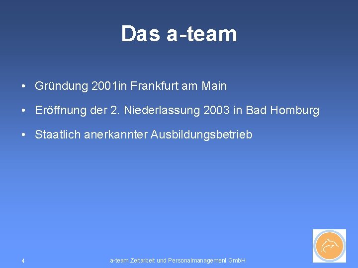 Das a-team • Gründung 2001 in Frankfurt am Main • Eröffnung der 2. Niederlassung