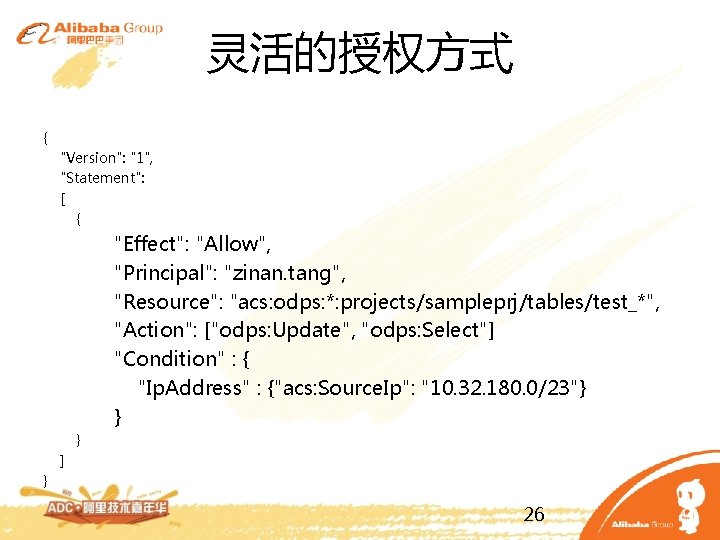 灵活的授权方式 { "Version": "1", "Statement": [ { "Effect": "Allow", "Principal": "zinan. tang", "Resource": "acs: