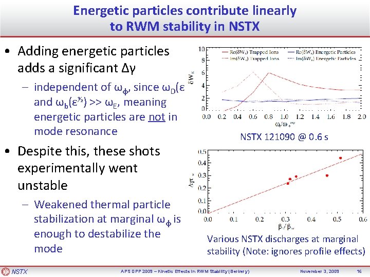 Energetic particles contribute linearly to RWM stability in NSTX • Adding energetic particles adds