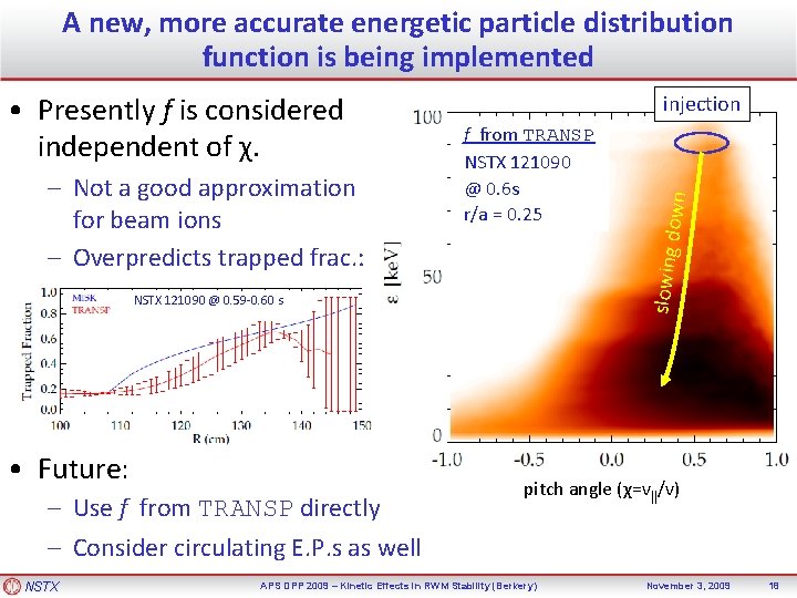 A new, more accurate energetic particle distribution function is being implemented f from TRANSP