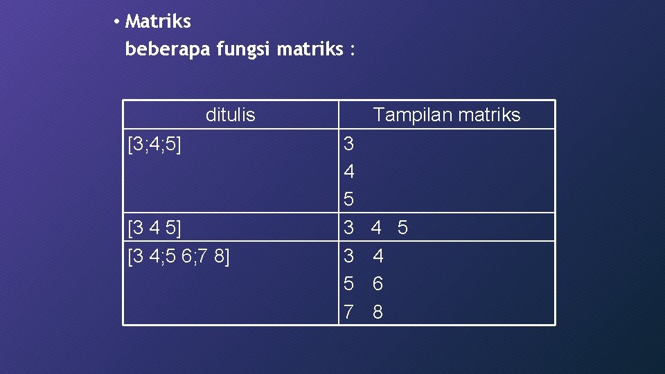  • Matriks beberapa fungsi matriks : ditulis [3; 4; 5] [3 4; 5