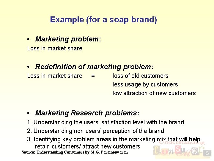 Example (for a soap brand) • Marketing problem: Loss in market share • Redefinition