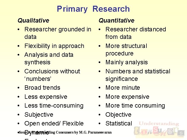 Primary Research Qualitative Quantitative • Researcher grounded in • Researcher distanced data from data