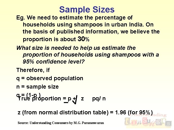 Sample Sizes Eg. We need to estimate the percentage of households using shampoos in