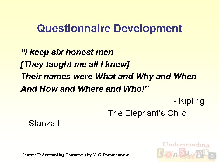 Questionnaire Development “I keep six honest men [They taught me all I knew] Their