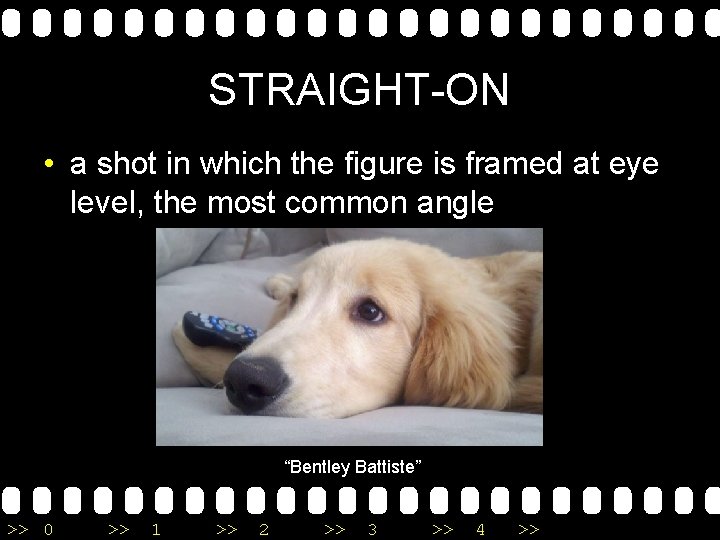 STRAIGHT-ON • a shot in which the figure is framed at eye level, the