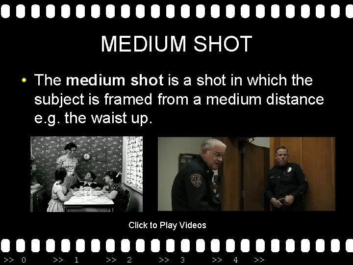 MEDIUM SHOT • The medium shot is a shot in which the subject is