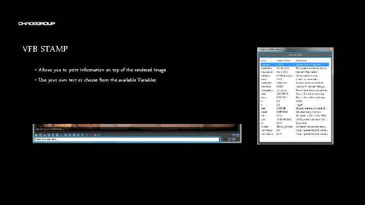VFB STAMP • Allows you to print information on top of the rendered image