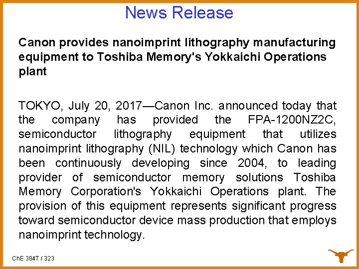 News Release Canon provides nanoimprint lithography manufacturing equipment to Toshiba Memory's Yokkaichi Operations plant
