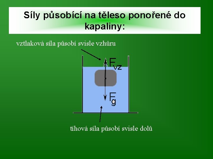 Síly působící na těleso ponořené do kapaliny: vztlaková síla působí svisle vzhůru tíhová síla