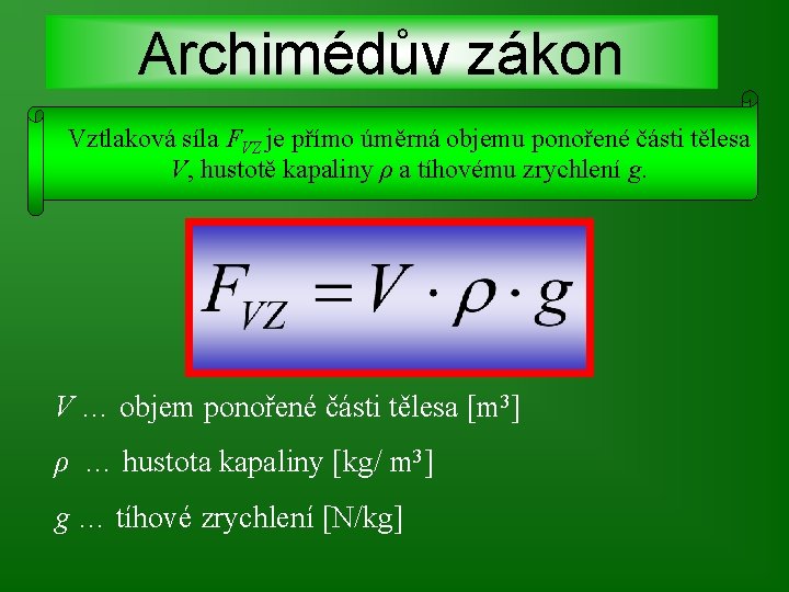Archimédův zákon Vztlaková síla FVZ je přímo úměrná objemu ponořené části tělesa V, hustotě