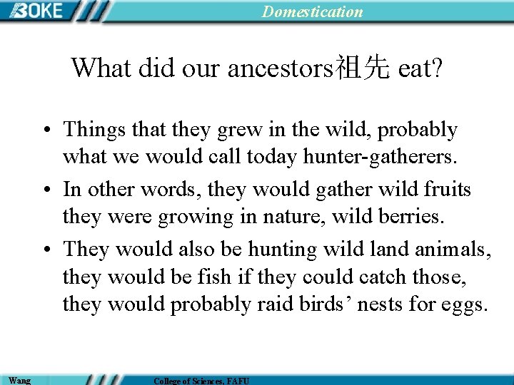 Domestication What did our ancestors祖先 eat? • Things that they grew in the wild,