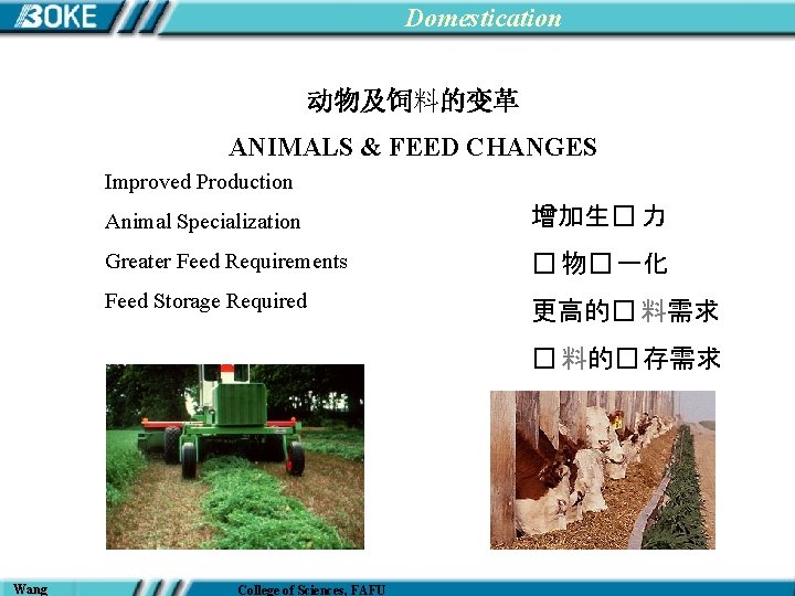 Domestication 动物及饲料的变革 ANIMALS & FEED CHANGES Improved Production Animal Specialization 增加生� 力 Greater Feed