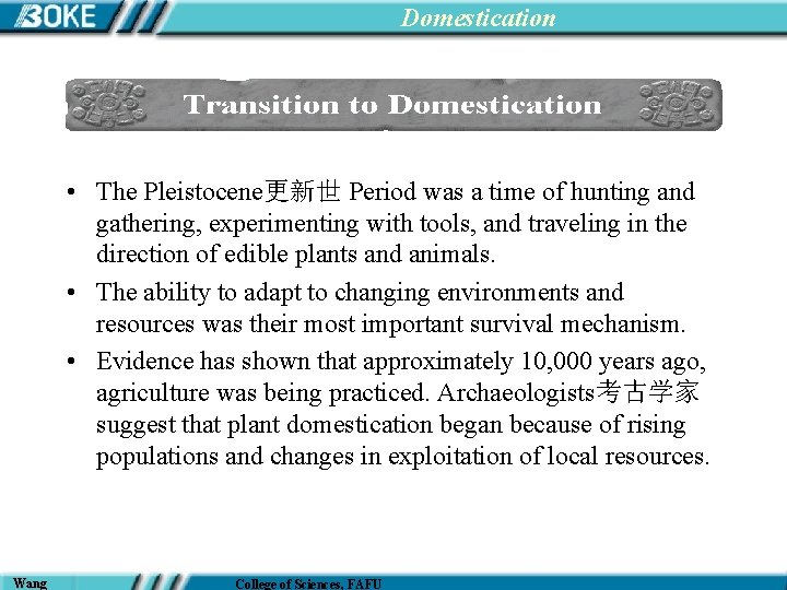 Domestication • The Pleistocene更新世 Period was a time of hunting and gathering, experimenting with