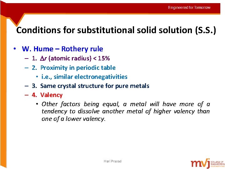 Conditions for substitutional solid solution (S. S. ) • W. Hume – Rothery rule Conditions for substitutional solid solution (S. S. ) • W. Hume – Rothery rule