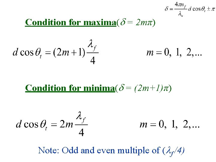 Condition for maxima( = 2 mπ) Condition for minima( = (2 m+1)π) Note: Odd