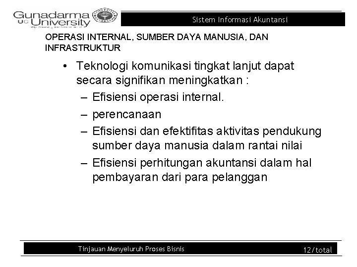 Sistem Informasi Akuntansi OPERASI INTERNAL, SUMBER DAYA MANUSIA, DAN INFRASTRUKTUR • Teknologi komunikasi tingkat