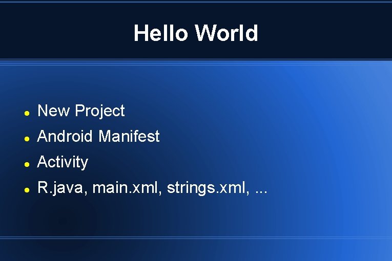 Hello World New Project Android Manifest Activity R. java, main. xml, strings. xml, .