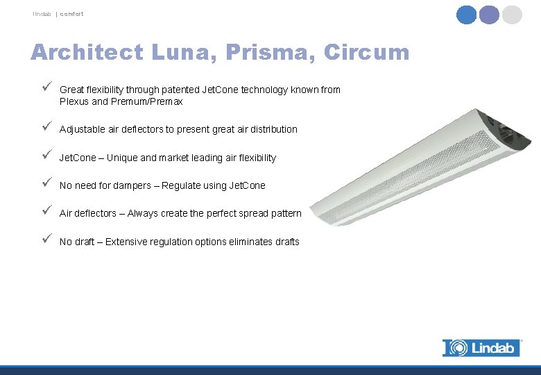 lindab | comfort Architect Luna, Prisma, Circum ü Great flexibility through patented Jet. Cone