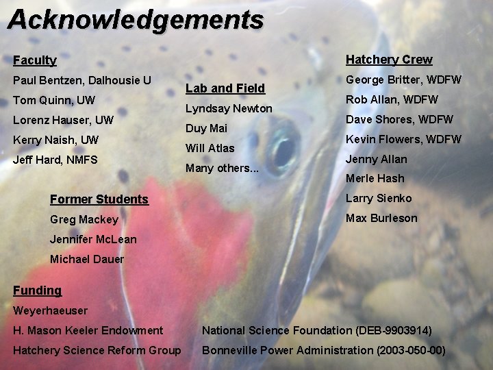 Acknowledgements Hatchery Crew Faculty Paul Bentzen, Dalhousie U Tom Quinn, UW Lorenz Hauser, UW