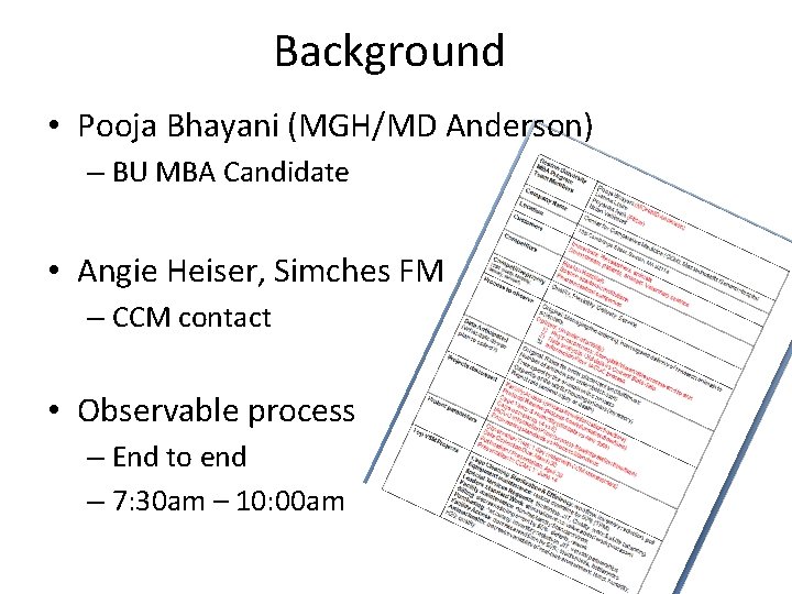 Background • Pooja Bhayani (MGH/MD Anderson) – BU MBA Candidate • Angie Heiser, Simches