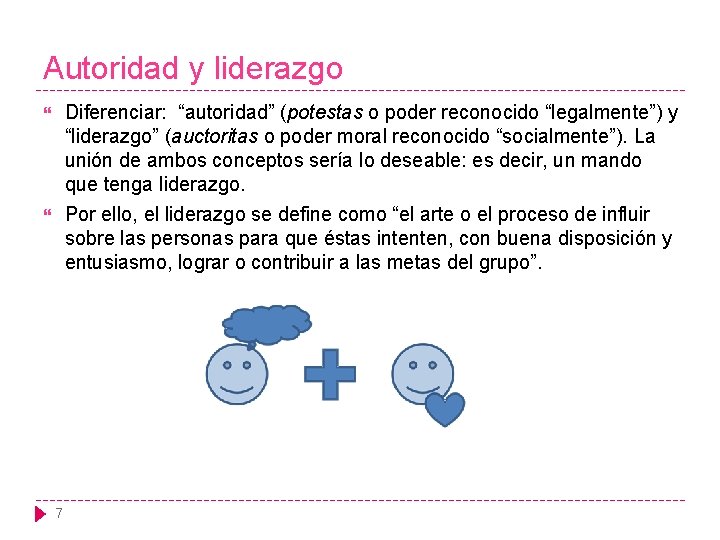 Autoridad y liderazgo Diferenciar: “autoridad” (potestas o poder reconocido “legalmente”) y “liderazgo” (auctoritas o