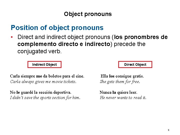 3. 2 Object pronouns Position of object pronouns • Direct and indirect object pronouns