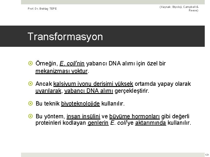 Prof. Dr. Bektaş TEPE (Kaynak: Biyoloji, Campbell & Reece) Transformasyon Örneğin, E. coli’nin yabancı