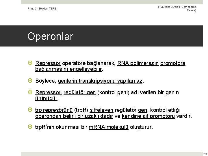 Prof. Dr. Bektaş TEPE (Kaynak: Biyoloji, Campbell & Reece) Operonlar Repressör operatöre bağlanarak, RNA