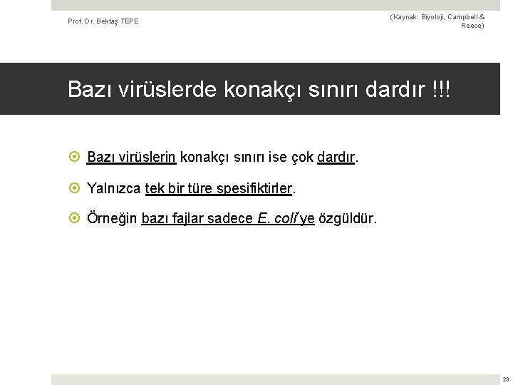 Prof. Dr. Bektaş TEPE (Kaynak: Biyoloji, Campbell & Reece) Bazı virüslerde konakçı sınırı dardır