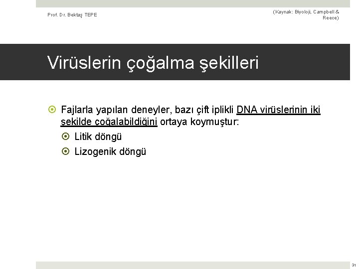 Prof. Dr. Bektaş TEPE (Kaynak: Biyoloji, Campbell & Reece) Virüslerin çoğalma şekilleri Fajlarla yapılan