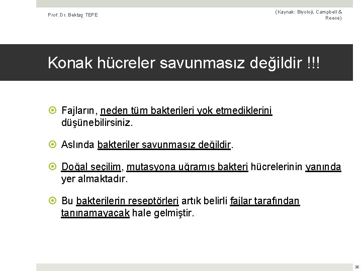 Prof. Dr. Bektaş TEPE (Kaynak: Biyoloji, Campbell & Reece) Konak hücreler savunmasız değildir !!!