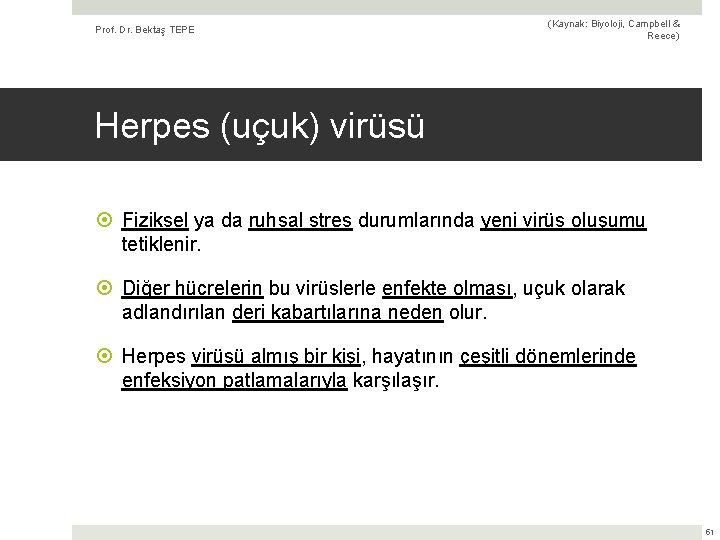 Prof. Dr. Bektaş TEPE (Kaynak: Biyoloji, Campbell & Reece) Herpes (uçuk) virüsü Fiziksel ya