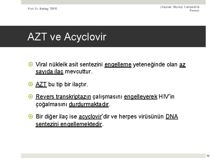 Prof. Dr. Bektaş TEPE (Kaynak: Biyoloji, Campbell & Reece) AZT ve Acyclovir Viral nükleik