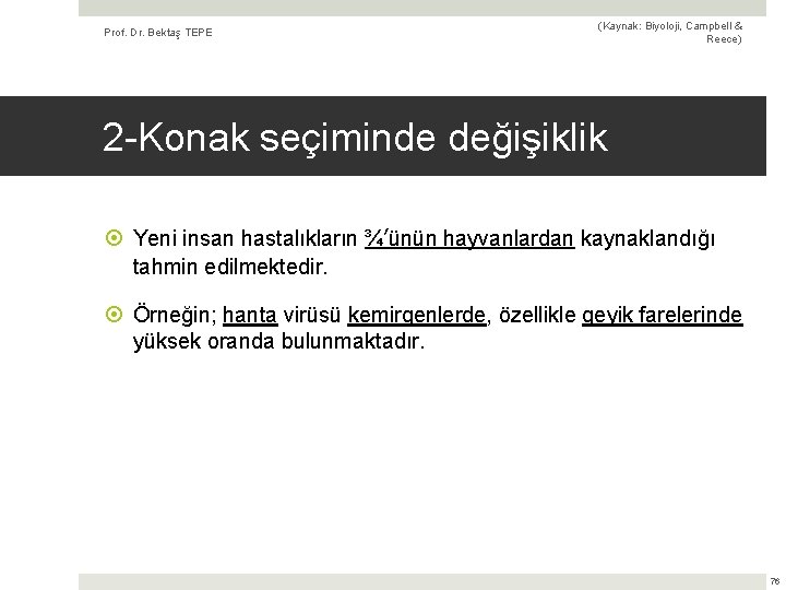 Prof. Dr. Bektaş TEPE (Kaynak: Biyoloji, Campbell & Reece) 2 -Konak seçiminde değişiklik Yeni