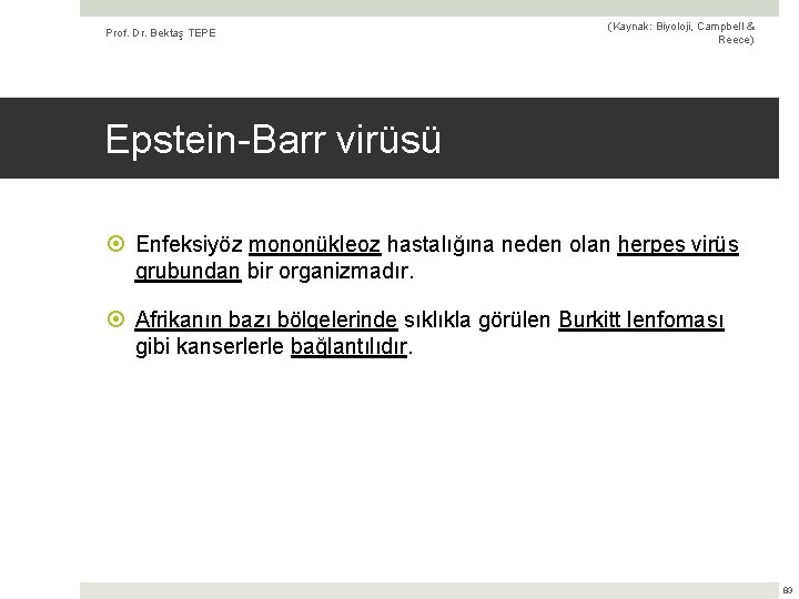 Prof. Dr. Bektaş TEPE (Kaynak: Biyoloji, Campbell & Reece) Epstein-Barr virüsü Enfeksiyöz mononükleoz hastalığına