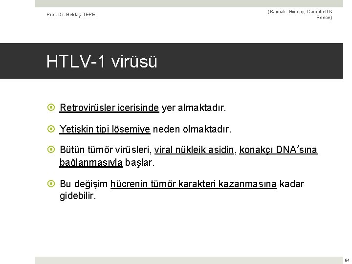 Prof. Dr. Bektaş TEPE (Kaynak: Biyoloji, Campbell & Reece) HTLV-1 virüsü Retrovirüsler içerisinde yer