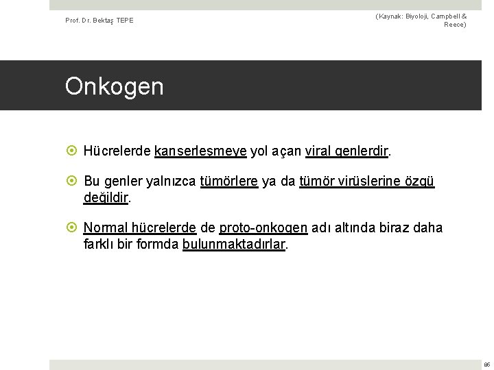 Prof. Dr. Bektaş TEPE (Kaynak: Biyoloji, Campbell & Reece) Onkogen Hücrelerde kanserleşmeye yol açan