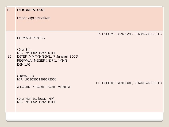 8. REKOMENDASI Dapat dipromosikan PEJABAT PENILAI 10. 9. DIBUAT TANGGAL, 7 JANUARI 2013 (Dra.