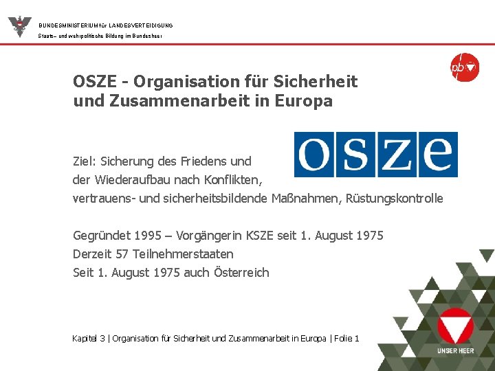 BUNDESMINISTERIUM für LANDESVERTEIDIGUNG Staats– und wehrpolitische Bildung im Bundesheer OSZE - Organisation für Sicherheit