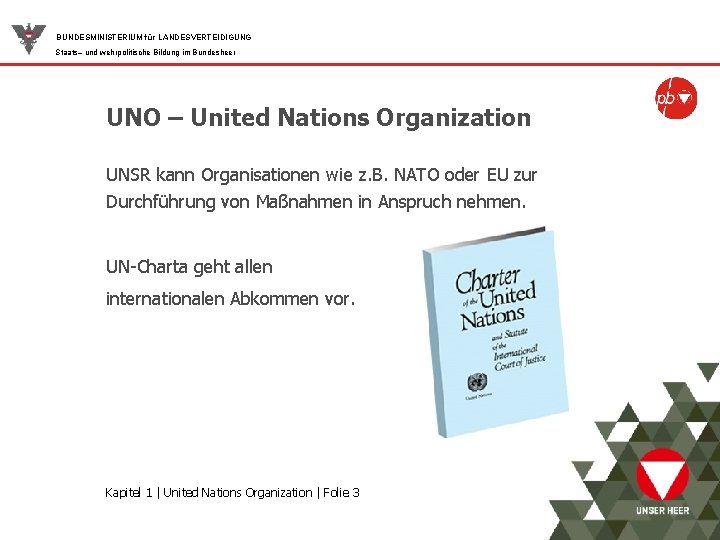 BUNDESMINISTERIUM für LANDESVERTEIDIGUNG Staats– und wehrpolitische Bildung im Bundesheer UNO – United Nations Organization