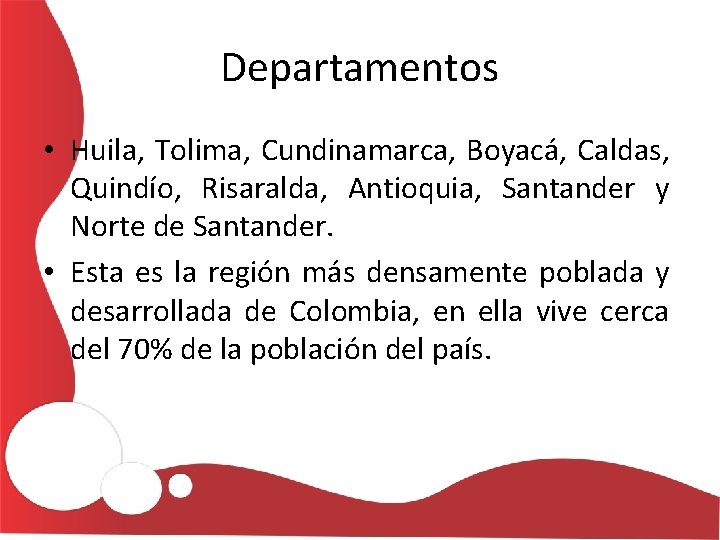 Departamentos • Huila, Tolima, Cundinamarca, Boyacá, Caldas, Quindío, Risaralda, Antioquia, Santander y Norte de