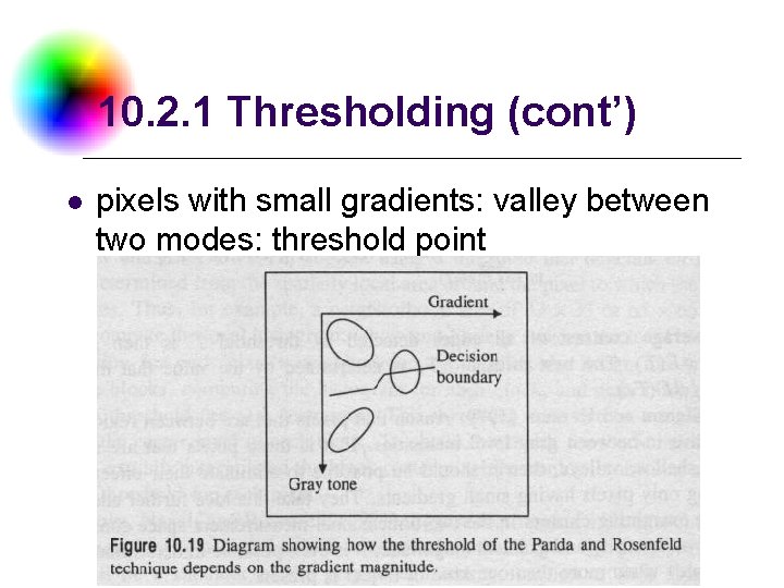 10. 2. 1 Thresholding (cont’) l pixels with small gradients: valley between two modes: