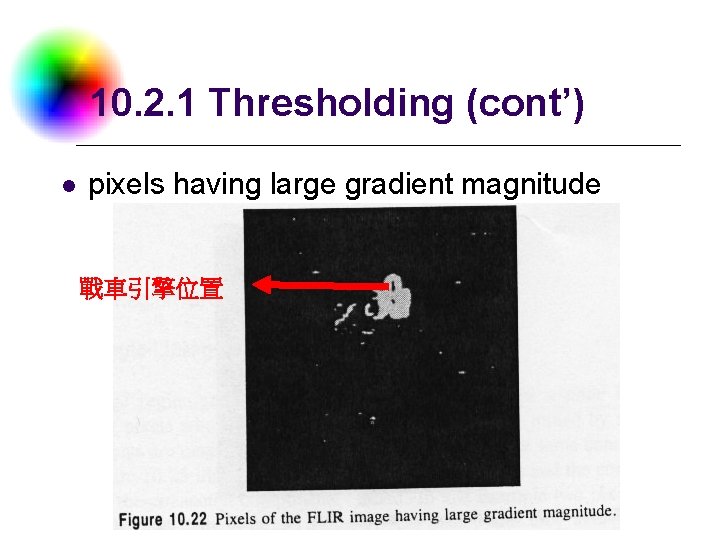 10. 2. 1 Thresholding (cont’) l pixels having large gradient magnitude 戰車引擎位置 Digital Camera