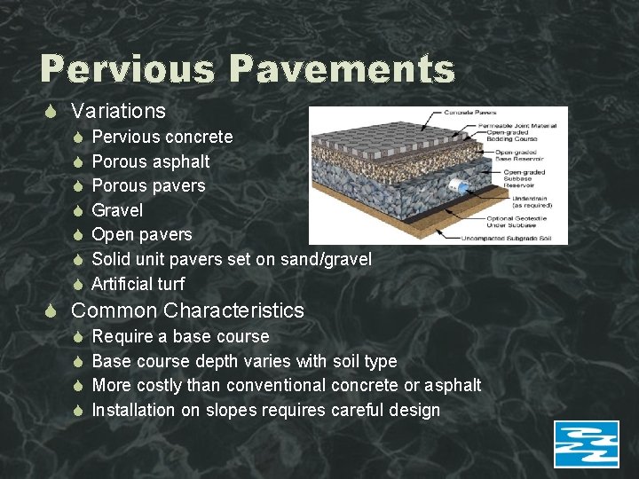 Pervious Pavements Variations Pervious concrete Porous asphalt Porous pavers Gravel Open pavers Solid unit