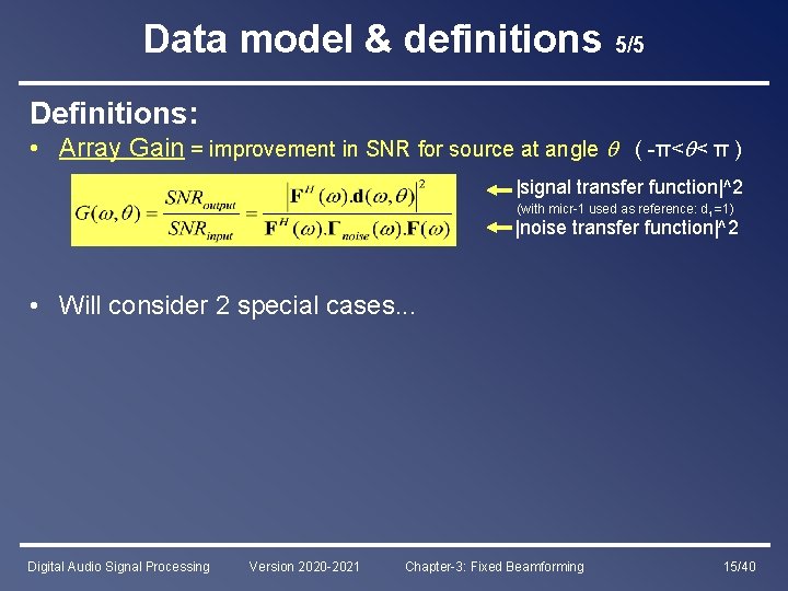 Data model & definitions 5/5 Definitions: • Array Gain = improvement in SNR for